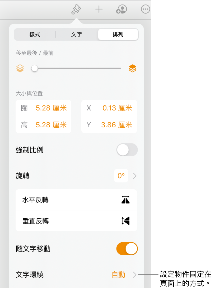 「格式」控制項目和已選擇「排列」分頁，以及「移至最後/最前」、「隨文字移動」和「文字環繞」控制項目。