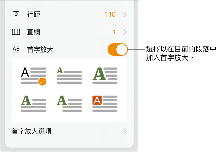 「首字放大」控制項目位於「文字」選單底部。