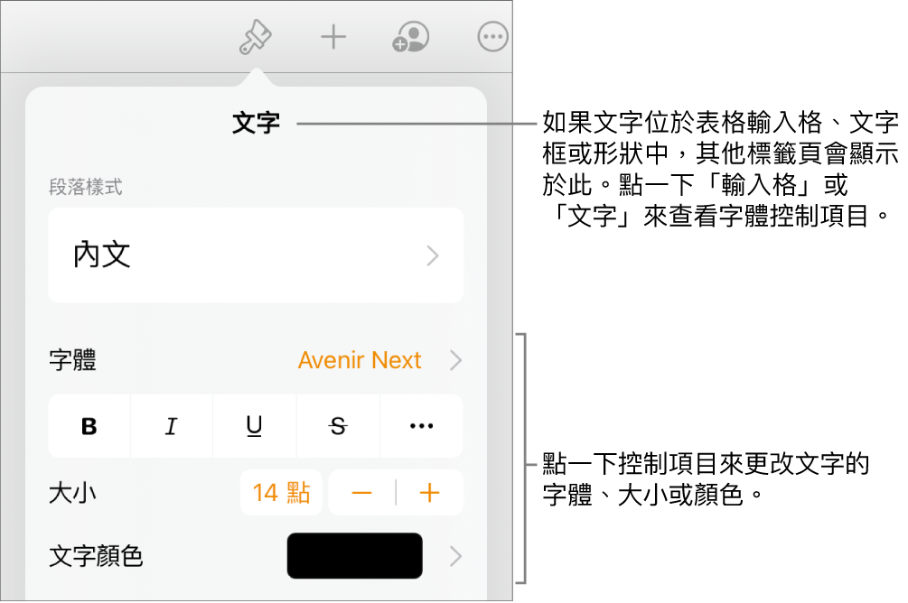 「格式」選單中設定段落及字元樣式、字體、大小和顏色的文字控制項目。