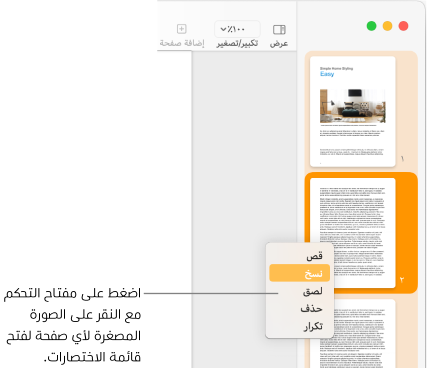 عرض الصور المصغرة للصفحات مع صورة مصغرة واحدة محددة وقائمة الاختصارات مفتوحة.