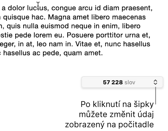 Nabídka, v níž se zobrazuje počet slov v dokumentu