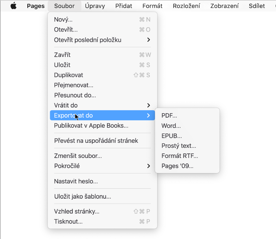 Otevřená nabídka Soubor s vybranou volbou „Exportovat do“. Podnabídka obsahuje ovládací prvky formátů PDF, Word, prostý text, RTF, EPUB a Pages ’09.