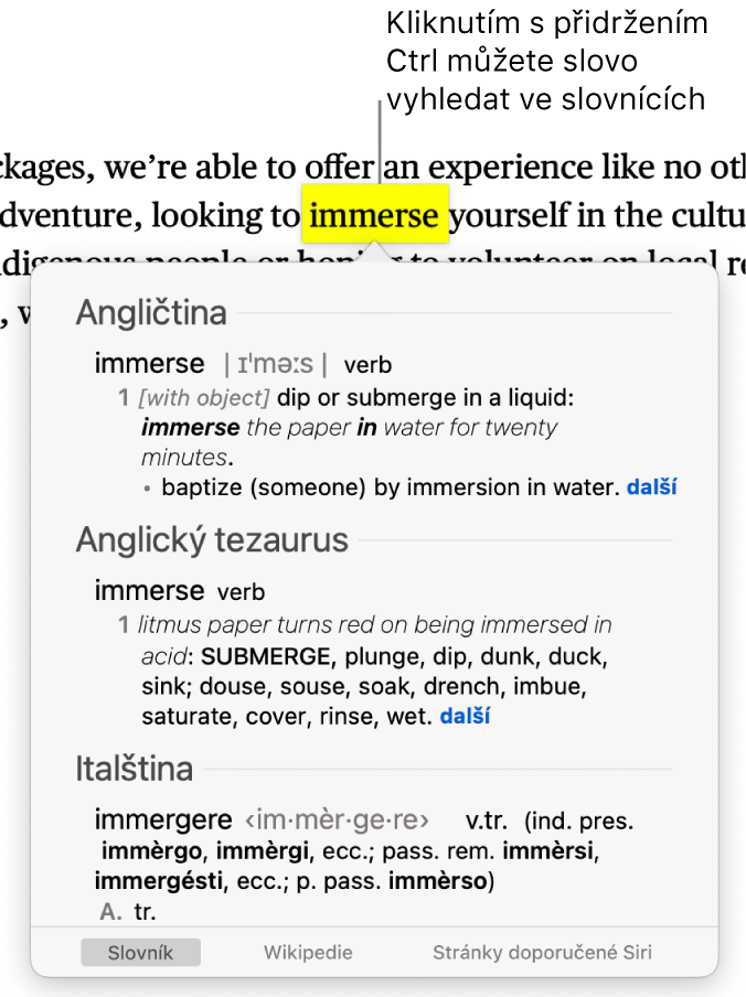 Odstavec se zvýrazněným slovem a okno s jeho definicí a položkou tezauru. Tlačítka u spodního okraje okna poskytují odkazy na slovník, Wikipedii a webové stránky navrhované Siri.