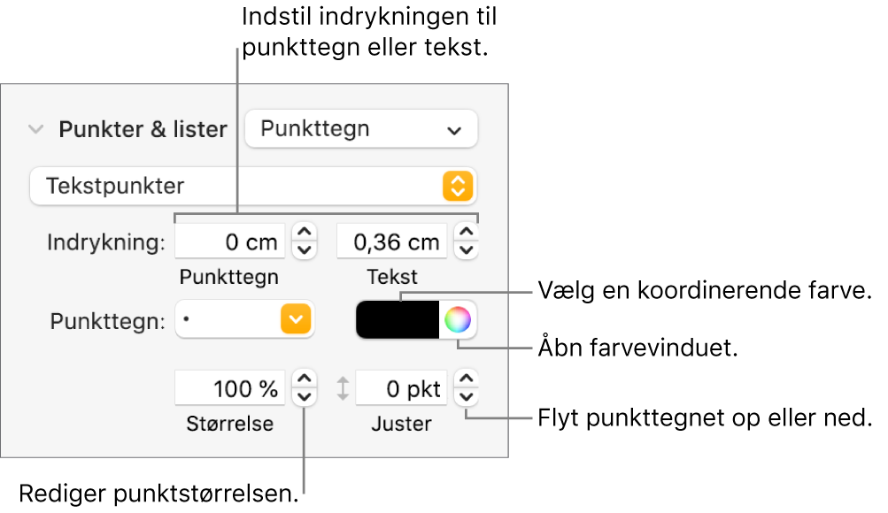 Punkter & lister med billedforklaringer til betjeningsmulighederne til indrykning af punkttegn og tekst, farve og størrelse på punkttegn og justering.