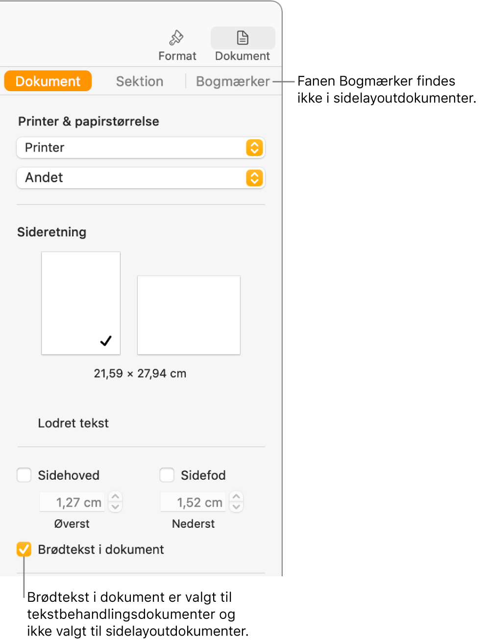 Indholdsoversigten Format med fanerne Dokument, Sektion og Bogmærker øverst. Fanen Dokument er valgt, og i en billedforklaring til fanen Bogmærker står der, at sidelayoutdokumenter ikke har fanen Bogmærker. Afkrydsningsfeltet Brødtekst i dokument i valgt. Det viser også, at dokumentet er et tekstbehandlingsdokument.