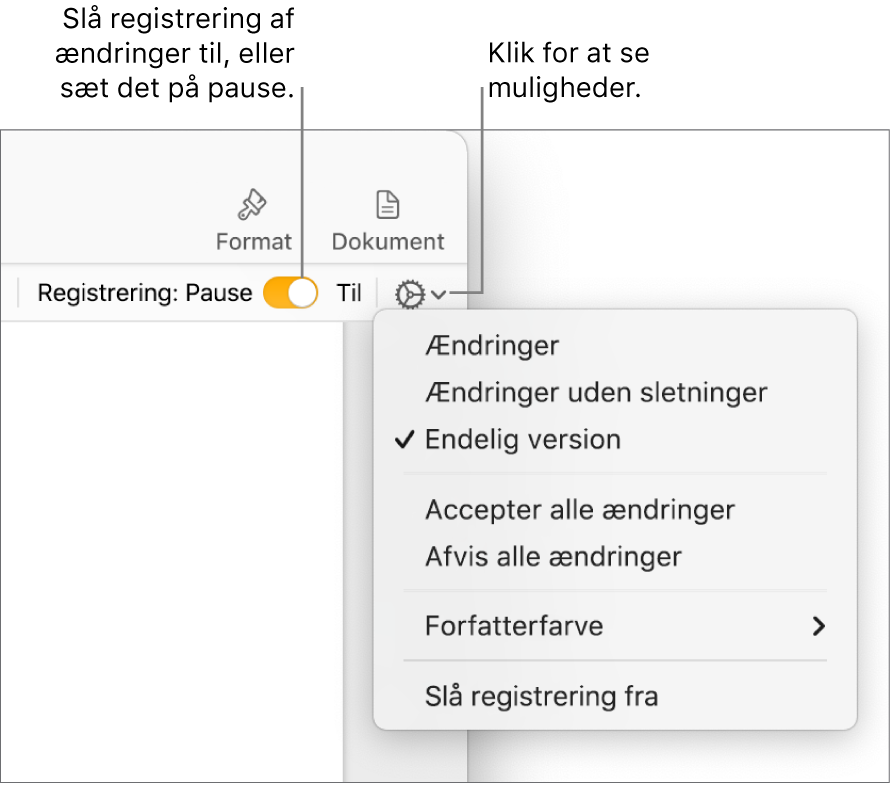 Registreringsmenuen med Slå registrering fra nederst og billedforklaringer til Registrer ændringer slået til og knappen Pause.