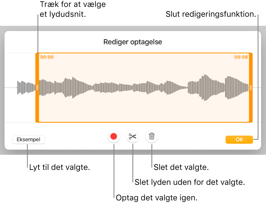 Betjeningsmuligheder til redigering af optaget lyd. Håndtag viser den valgte sektion af optagelsen, og derunder findes knapper til eksempel, optag, tilpas, slet og redigeringsfunktion.