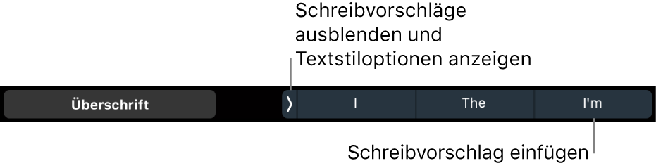 Die Touch Bar des MacBook Pro mit den Steuerelementen zum Festlegen des Textstils, zum Ausblenden der Wortvorschläge und zum Einfügen vorgeschlagener Wörter.