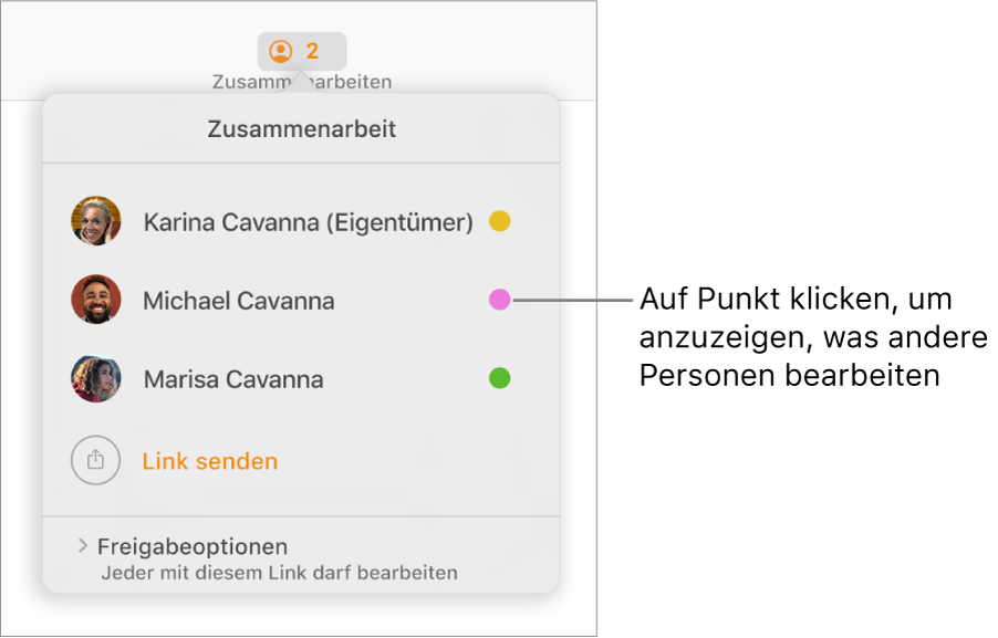 Die Teilnehmerliste mit drei Teilnehmern und einem jeweils andersfarbigen Punkt rechts neben jedem Namen.