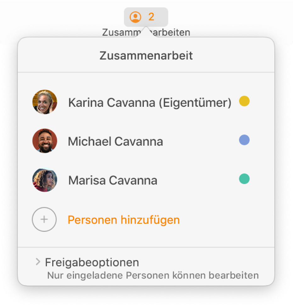 Das Menü für die Zusammenarbeit mit den Namen von Personen, die gemeinsam ein Dokument bearbeiten. Optionen zum Teilen befinden sich unter den Namen.