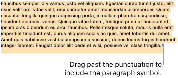 A paragraph selected, with the paragraph symbol included in the selection.
