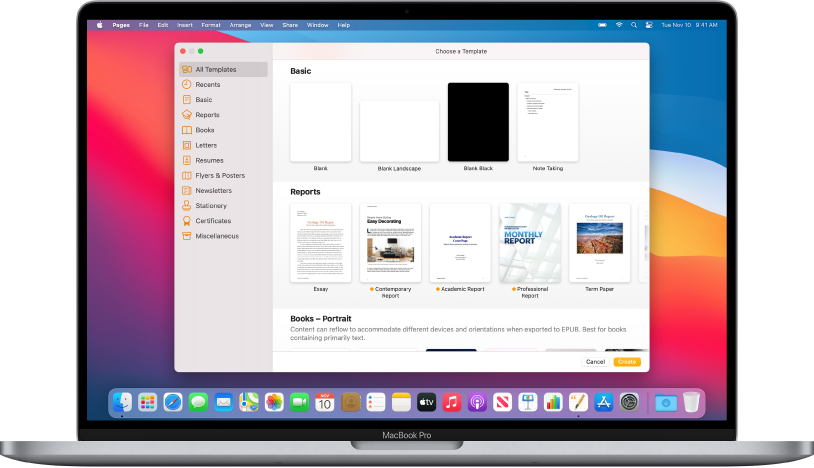 A MacBook Pro with the Pages template chooser open on the screen. The All Templates category is selected on the left and predesigned templates appear on the right in rows by category.