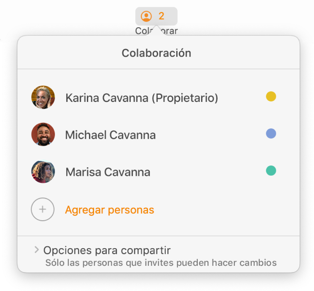 El menú Colaboración mostrando los nombres de las personas que colaboran en el documento. Las opciones para compartir se sitúan debajo de los nombres.