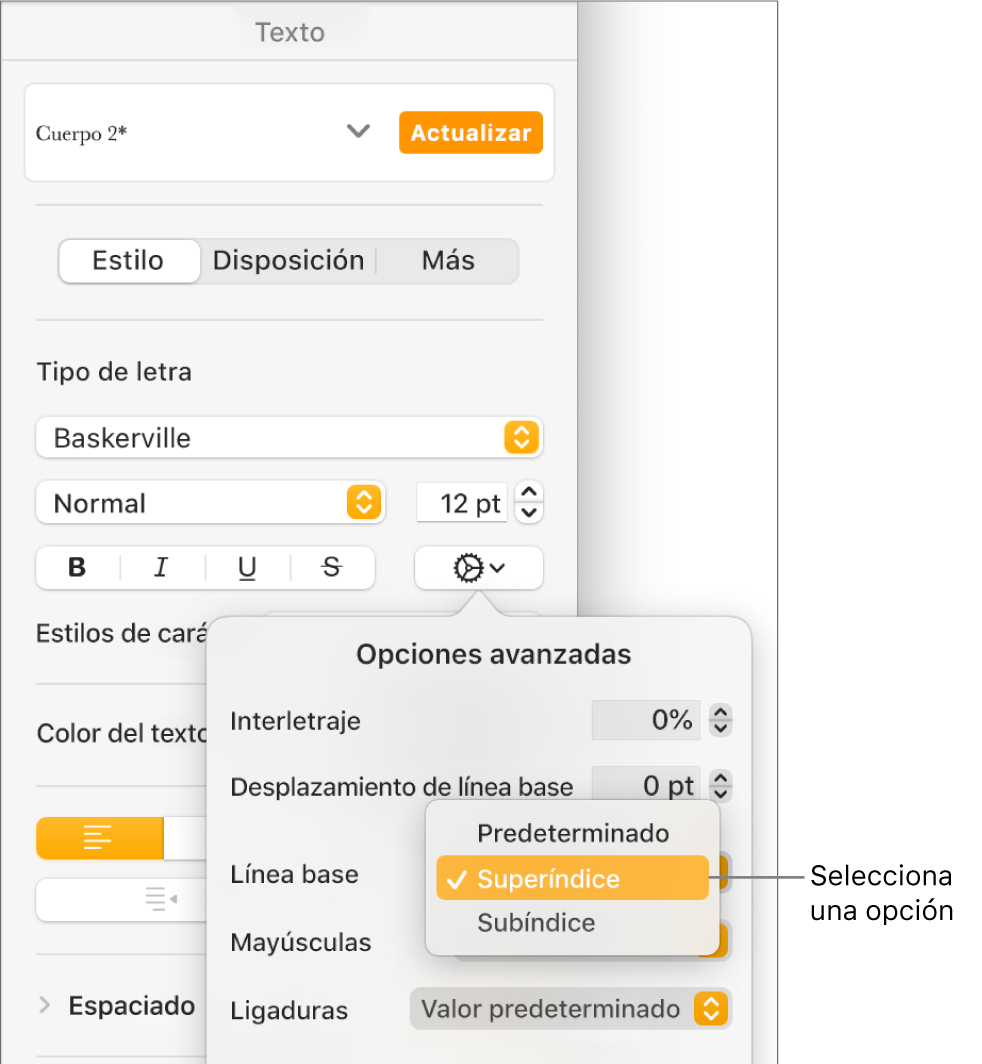 El menú “Opciones avanzadas” con el menú desplegable “Línea base” abierto y los elementos de menú Predeterminado, Superíndice y Subíndice.