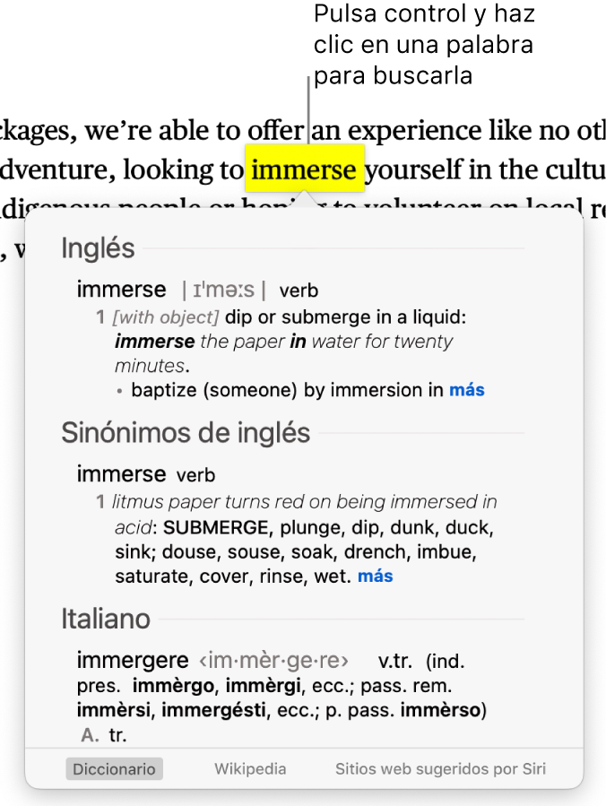 Un párrafo con una palabra resaltada y una ventana que muestra su definición y una entrada de diccionario de sinónimos. Botones en la parte inferior de la ventana proporcionan enlaces al diccionario, Wikipedia y los sitios web sugeridos por Siri.