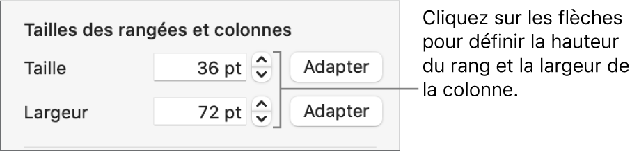 Commandes permettant de définir une taille précise de rangée ou de colonne.