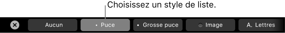La Touch Bar du MacBook Pro avec les commandes pour choisir un style de liste.
