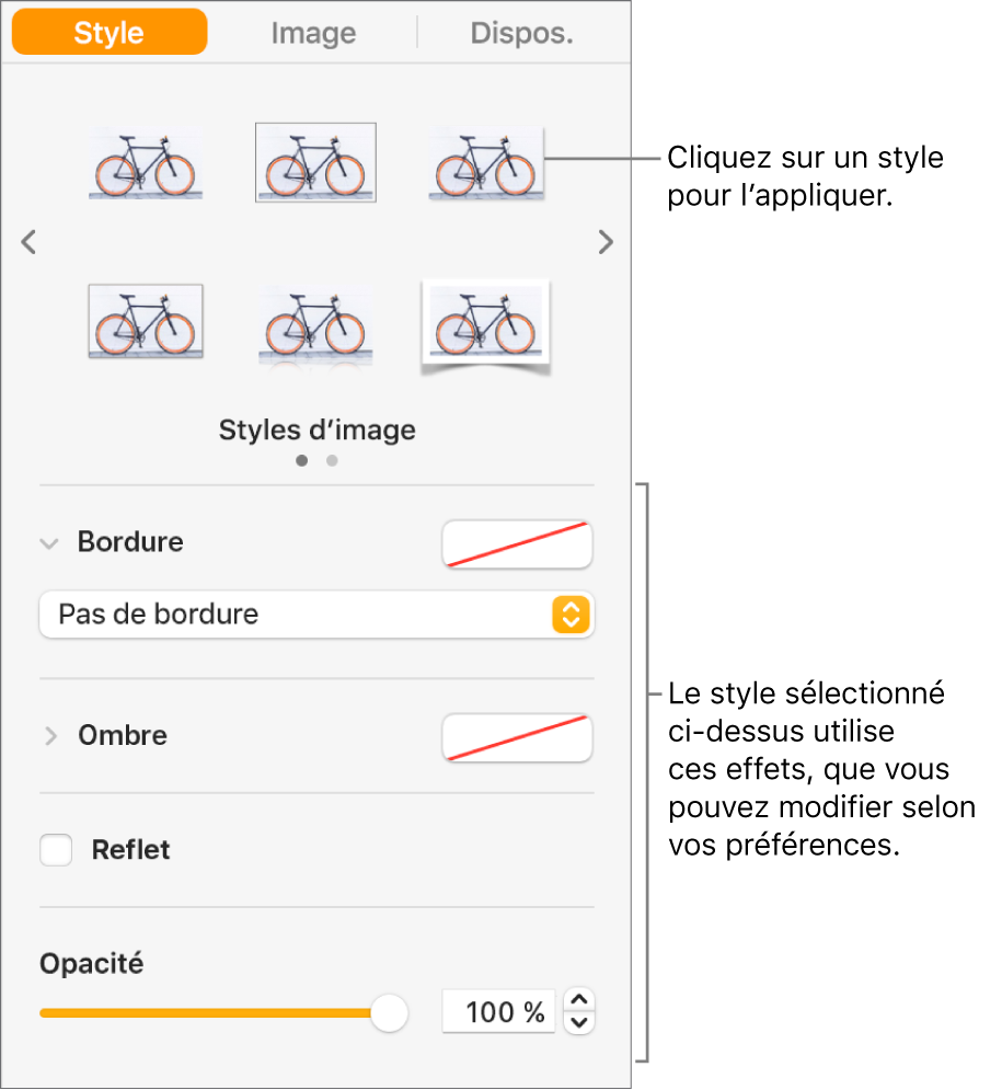 L’onglet Style de la barre latérale Format, présentant les options de style d’objet.