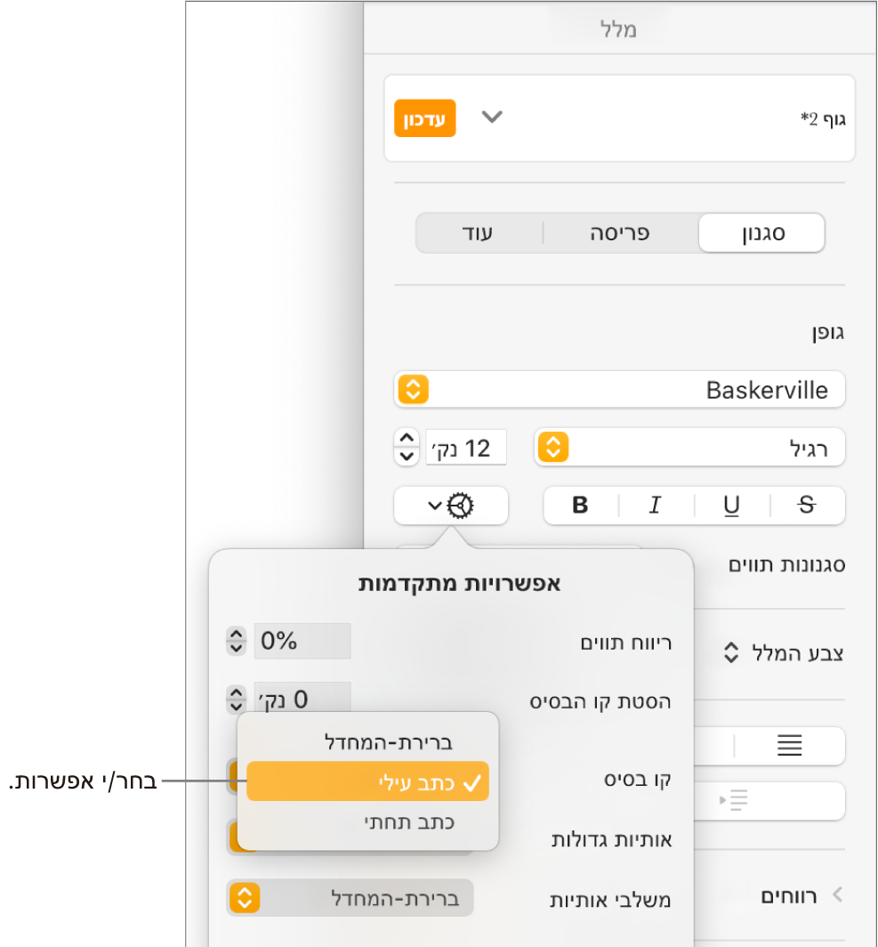 התפריט ״אפשרויות מתקדמות״ כשהתפריט הקופצני ״קו בסיס״ פתוח ומציג את פריטי התפריט ״ברירת מחדל״, ״כתב עילי״ ו״כתב תחתי״.