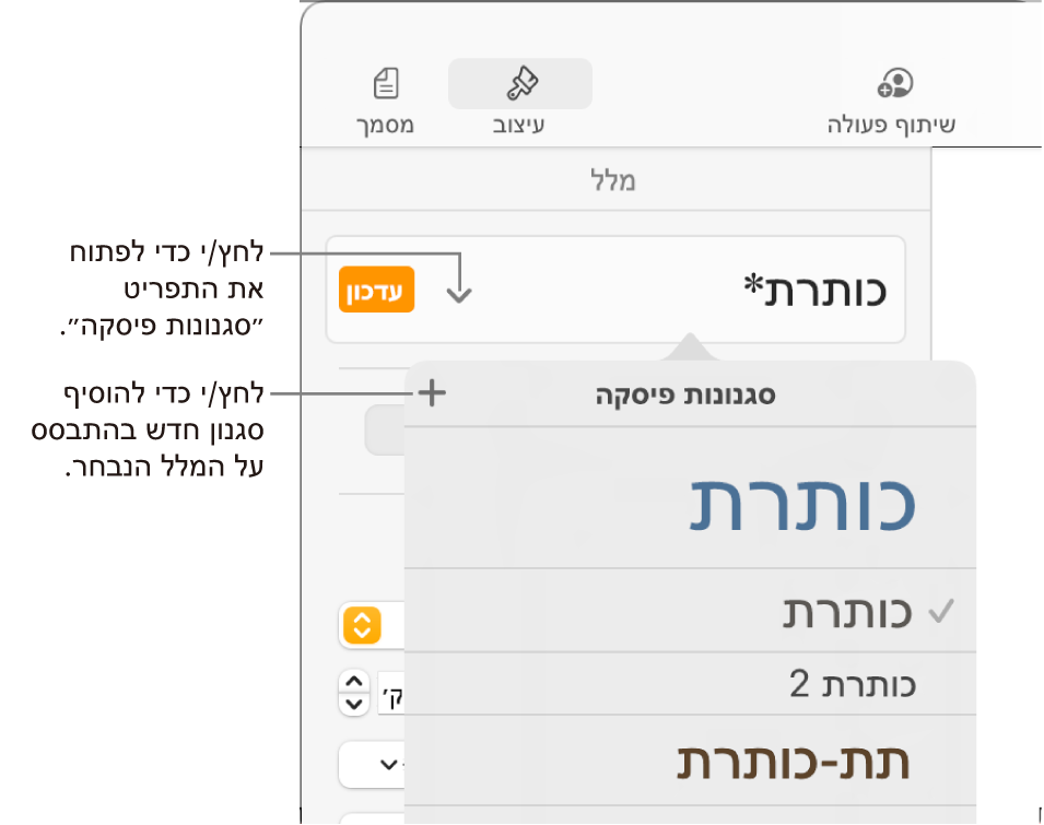 התפריט ״סגנונות פיסקה״, מציג כלי בקרה להוספה או שינוי של סגנון.