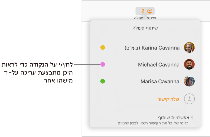 רשימת המשתתפים עם שלושה משתתפים ונקודה בצבע שונה משמאל לכל שם.