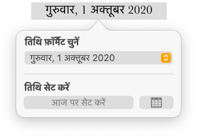 तिथि और समय नियंत्रण, जो तिथि फ़ॉर्मैट के लिए पॉप-अप मेनू और “आज पर सेट” बटन दिखा रहे हैं।