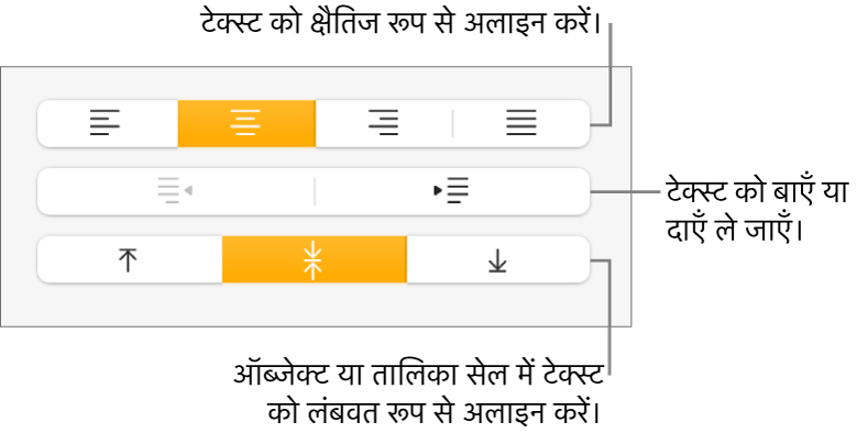 टेक्स्ट को क्षैतिज या लंबवत रूप से अलाइन करने के लिए बटनों के साथ फ़ॉर्मैट इंस्पेक्टर का “अलाइनमेंट” सेक्शन और टेक्स्ट को बाएँ या दाएँ ले जाने के लिए बटन।