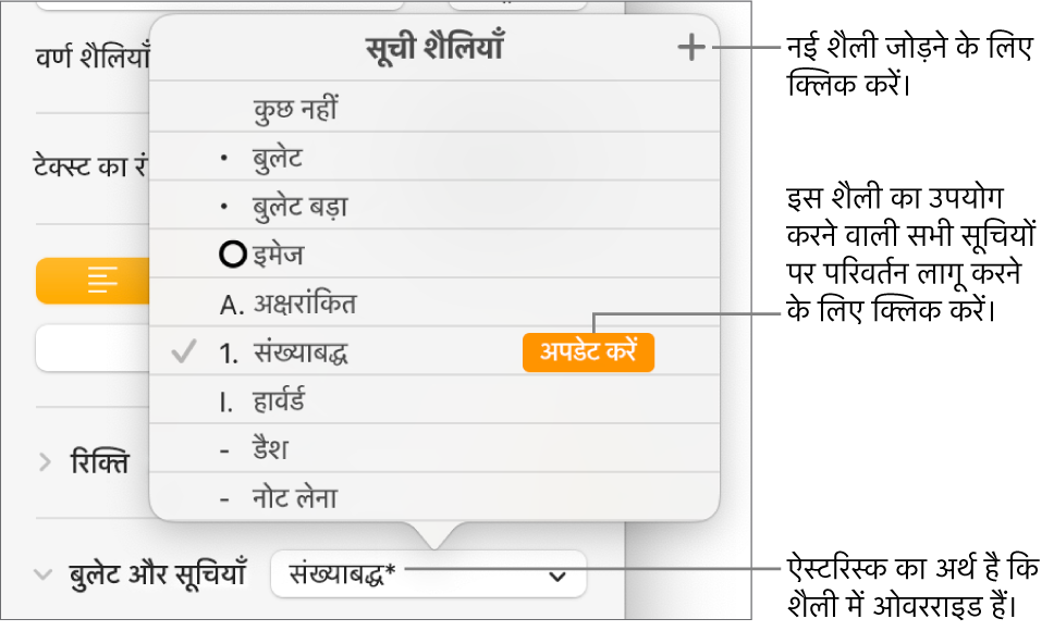 शैलियाँ प्रबंधित करने के लिए “नई शैली” बटन के लिए ओवरराइड तथा कॉलआउट इंगित करने वाला ऐस्टरिस्क दिखाता “सूची शैलियाँ” पॉपअप मेनू और विकल्पों का सबमेनू।