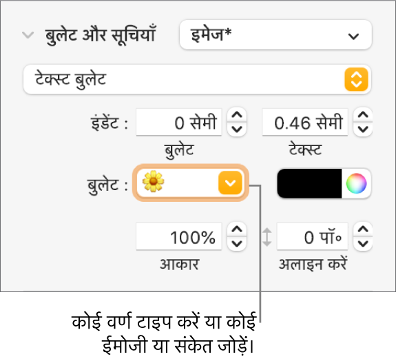 फ़ॉर्मैट साइडबार का “बुलेट और सूचियाँ” सेक्शन। “बुलेट” फ़ील्ड फूल का इमोजी दिखाता है।