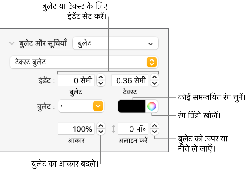 बुलेट तथा टेक्स्ट इंडेंट, बुलेट रंग, बुलेट आकार और अलाइनमेंट के नियंत्रणों के लिए कॉलआउट वाला “बुलेट और सूचियाँ” सेक्शन।