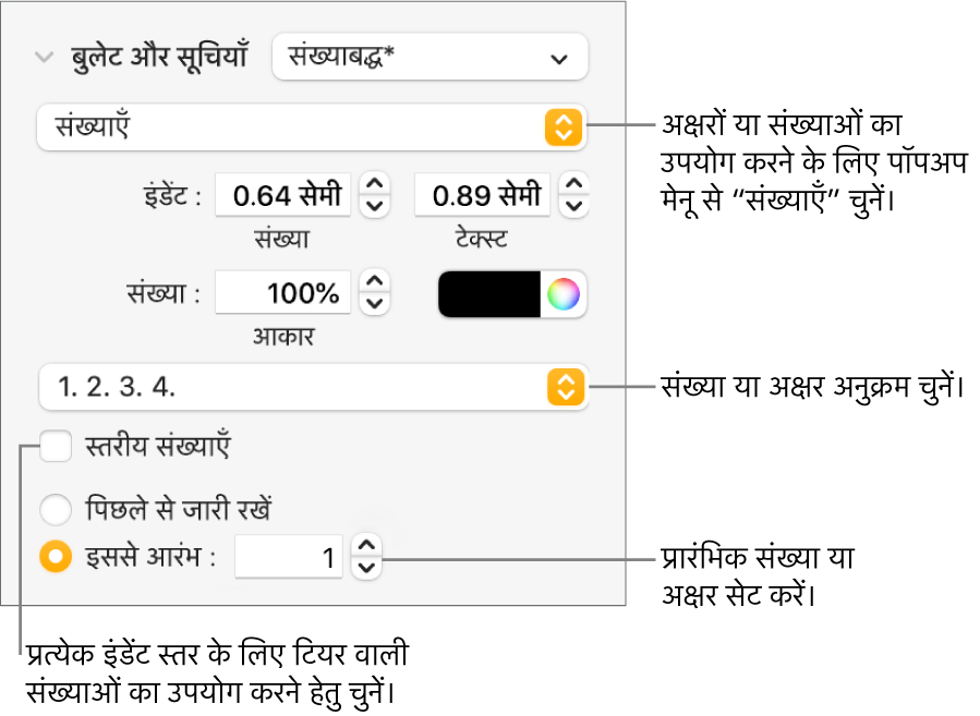 सूची की संख्या शैली और रिक्ति बदलने के लिए नियंत्रण।