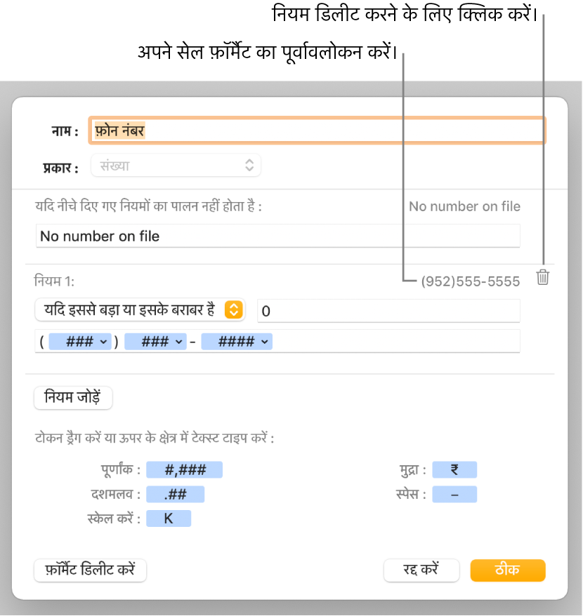 कस्टम अंक फ़ॉर्मैटिंग चुनने के नियंत्रणों वाली कस्टम सेल फ़ॉर्मैट विंडो।