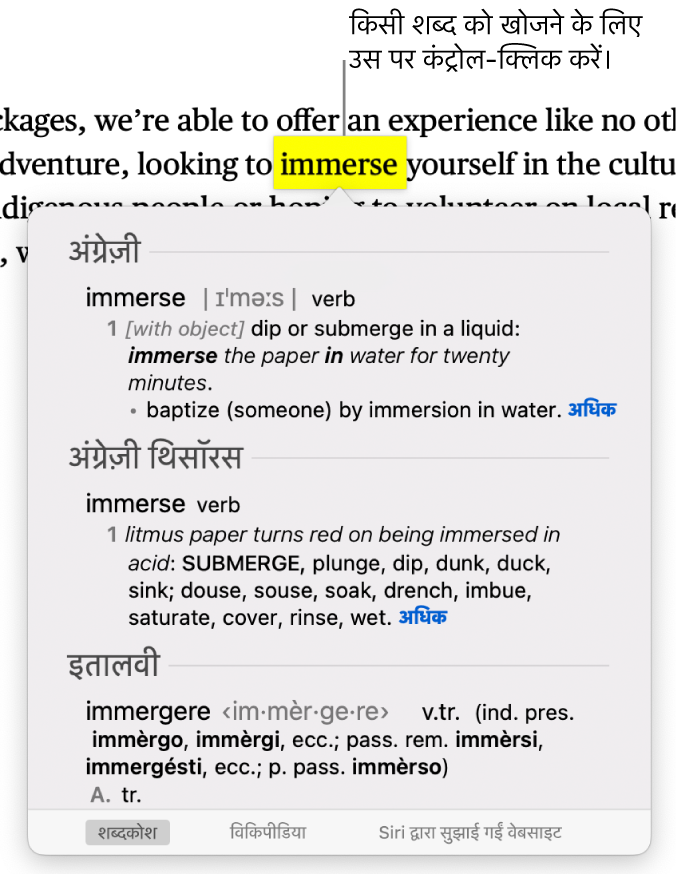 शब्द पर हाइलाइट के साथ एक अनुच्छेद और इसकी परिभाषा तथा कोश एंट्री दिखाने वाली एक विंडो। विंडो में सबसे नीचे दिए गए बटन द्वारा शब्दकोश, विकिपीडिया और Siri की सुझाई गई वेबसाइट की लिंक प्रदान की जाती हैं।