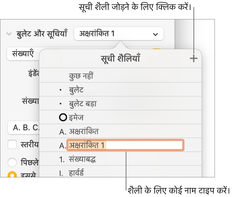 शीर्ष-दाएँ कोने में “जोड़ें” बटन के साथ “सूची शैली” मेनू और अपने चुने गए टेक्स्ट के साथ एक प्लेसहोल्डर शैली नाम।