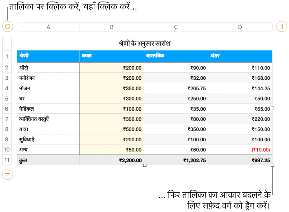 आकार बदलने के लिए सफ़ेद वर्गों के साथ चयनित तालिका।