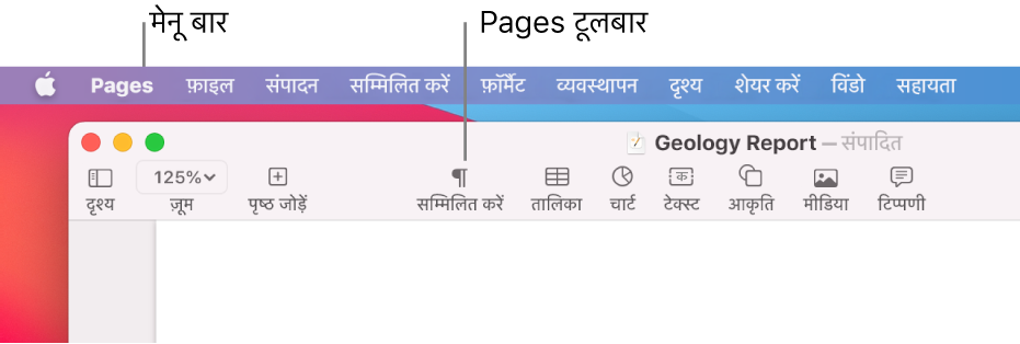 Apple, Pages, फ़ाइल, संपादित करें, डालें, फ़ॉर्मैट करें, व्यवस्थित करें, दृश्य, शेयर करें, विंडो और सहायता मेनू के साथ स्क्रीन के शीर्ष पर मेनू बार। इसके नीचे एक खुला हुआ Pages दस्तावेज़ होता है जिसमें शीर्ष पर दृश्य, ज़ूम करें, पृष्ठ जोड़ें, डालें, तालिका, चार्ट, टेक्स्ट, आकृति, मीडिया और टिप्पणी के लिए टूलबार बटन होते हैं।