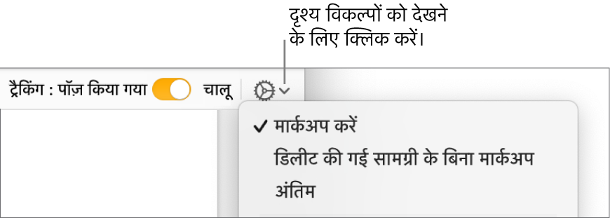 समीक्षा विकल्प मेनू द्वारा मार्कअप, बिना हटाए मार्कअप और अंतिम दिखाया जा रहा है।