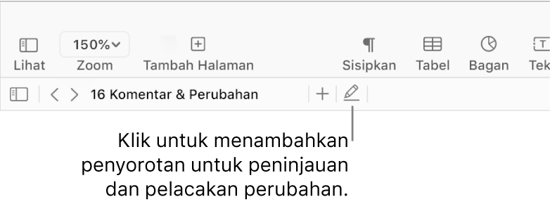 Bar menu menampilkan menu Sisipkan dan di bagian bawahnya, terdapat bar alat Pages dengan alat tinjauan dan keterangan pada tombol Sorot.