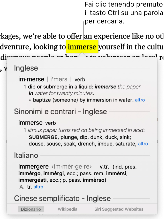 Un paragrafo con una parola evidenziata e una finestra che mostra la definizione insieme a una voce dei sinonimi e contrari Pulsanti nella parte inferiore della finestra forniscono i link al dizionario, a Wikipedia e ai siti web suggeriti da Siri.