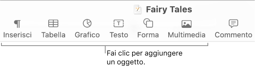 Barra degli strumenti con pulsanti per aggiungere tabelle, grafici, testo, forme e file multimediali.