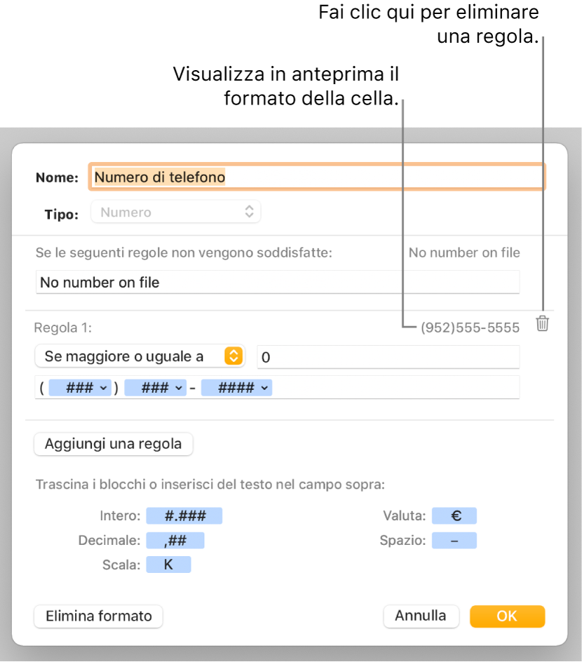 Finestra per la formattazione delle celle con controlli per scegliere un formato di numero personalizzato.