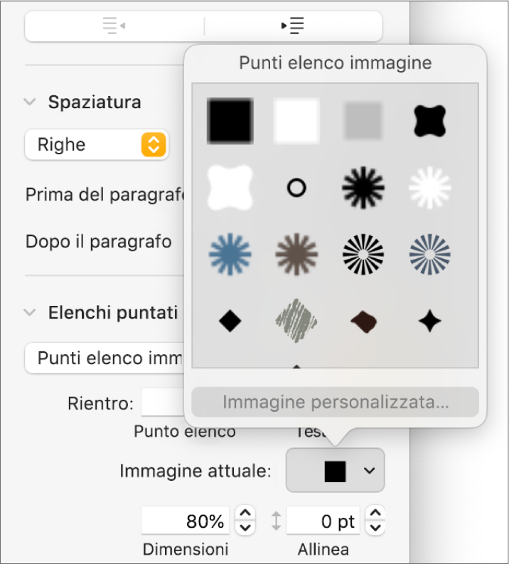 Il menu a comparsa “Punti elenco immagine”.