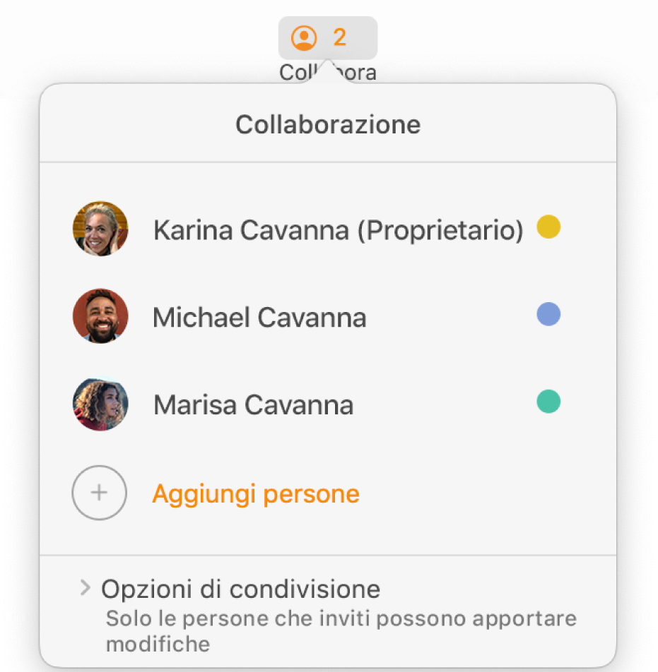 Menu Collaborazione che mostra i nomi delle persone che stanno collaborando al documento. Le opzioni di condivisione si trovano sotto i nomi.
