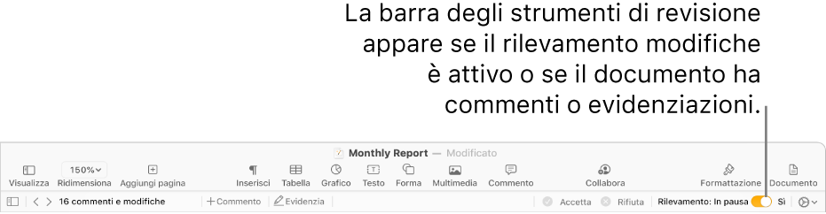 Barra degli strumenti di Pages con il rilevamento delle modifiche attivato e la barra degli strumenti di revisione al di sotto.