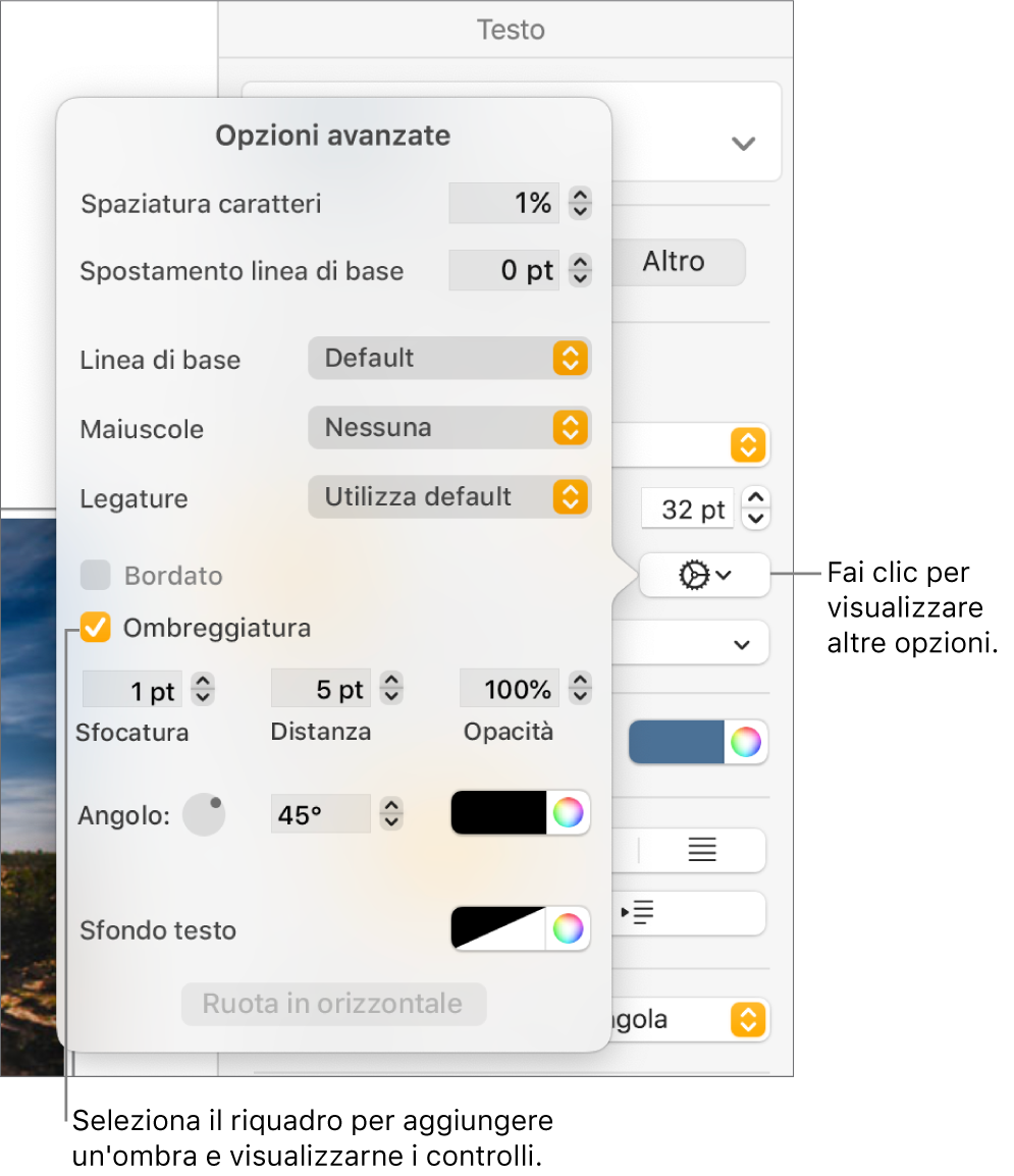 Menu “Opzioni avanzate” aperto con il riquadro Ombreggiatura selezionato e i controlli per impostare sfocatura, distanza, opacità, angolo e colore.