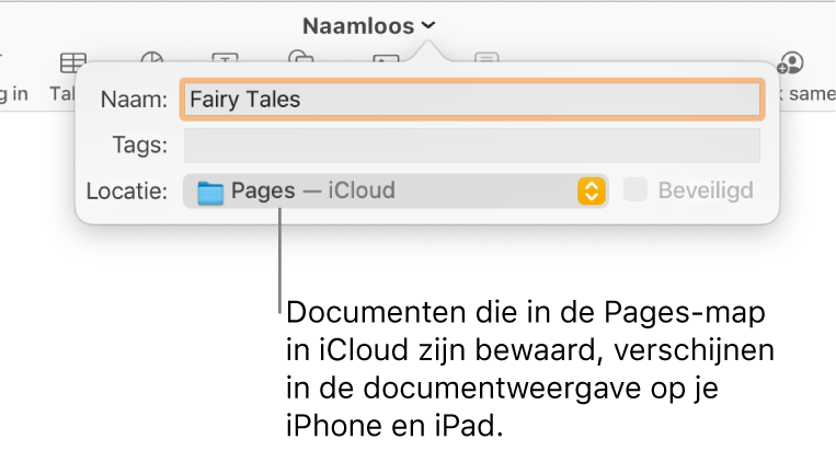 Het dialoogvenster 'Bewaar' in het venstermenu 'Locatie' voor een Pages-document in iCloud.