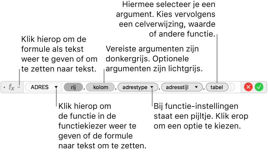 De formule-editor met de ADRES-functie en de bijbehorende argumenttokens.