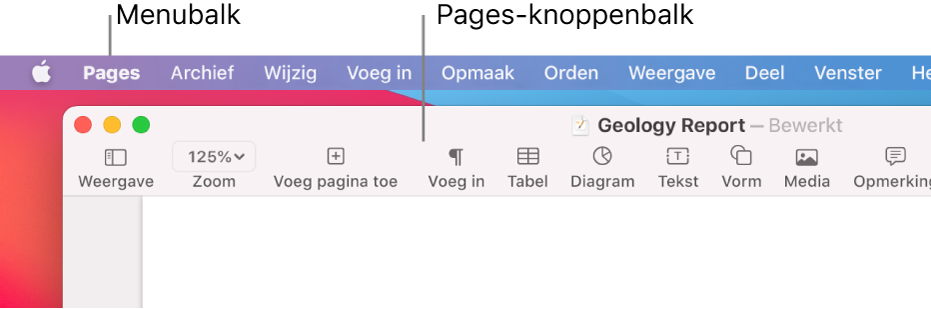 De menubalk met het Apple-menu en het Pages-menu in de linkerbovenhoek, met daaronder de Pages-knoppenbalk met knoppen voor 'Weergave' en 'Zoom' in de linkerbovenhoek.