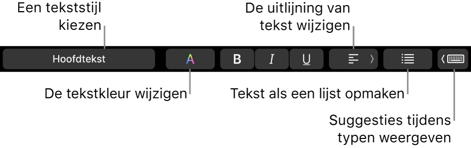 De Touch Bar op een MacBook Pro met regelaars voor het kiezen van een tekststijl, het wijzigen van de tekstkleur, het wijzigen van de tekstuitlijning, het opmaken van tekst als een lijst en het weergeven van suggesties tijdens het typen.