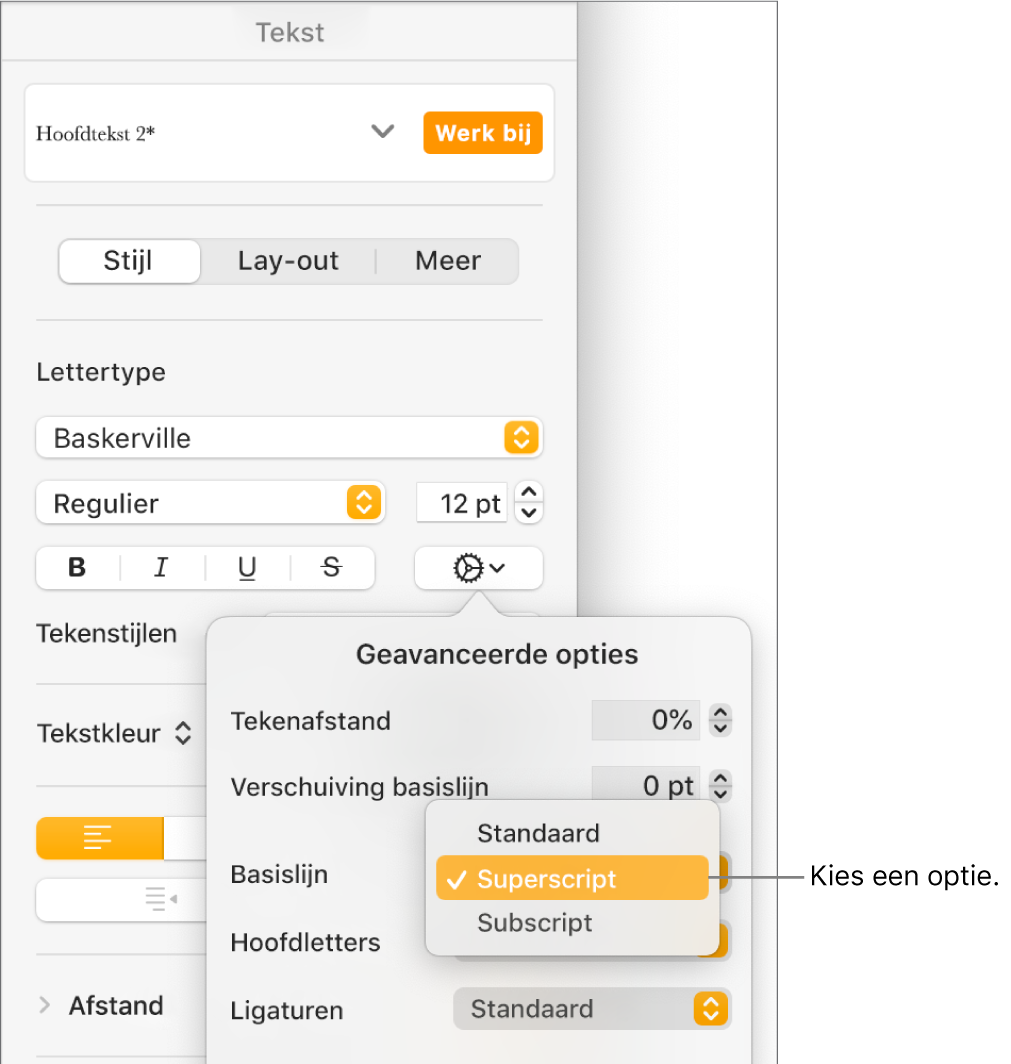 Het menu 'Geavanceerde opties' waarin het venstermenu 'Basislijn' geopend is met daarin de menuopties 'Standaard', 'Superscript' en 'Subscript'.